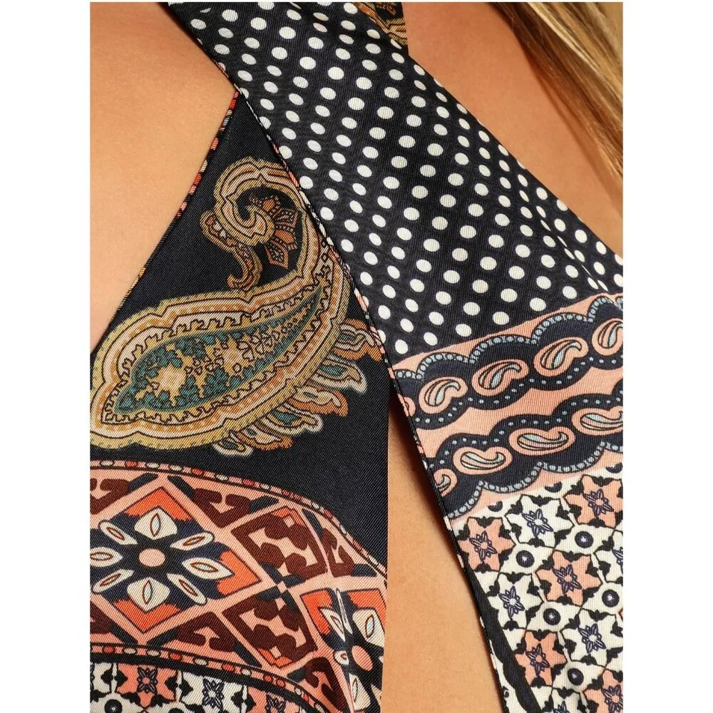 Lulus Trendy Travels Halter Maxi Dress Navy Blue Multi Patchwork Scarf Print S